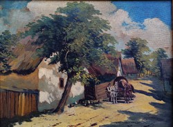 Németh György (1888-1962) - Falusi udvar lovaskocsival  !