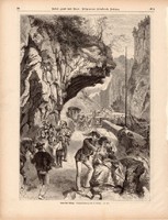 Brünig felett, metszet 1875, eredeti, német, újság, 22 x 31 cm, fametszet, út, hegy utazás, lovas