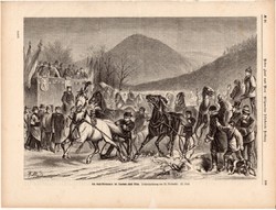 Lovas szánkó verseny Bécsben, metszet 1875, eredeti, német, újság, 22 x 31, fametszet, ló, Dornbach