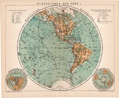 Nyugati félteke térkép 1894, német nyelvű, eredeti, Brockhaus, világtérkép, világ, Amerika, félgömb