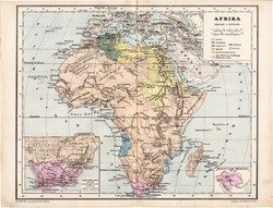 Afrika térkép 1885, eredeti, német nyelvű, osztrák atlasz, Kozenn, politikai, Egyiptom, tuareg, régi