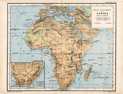 Afrika térkép 1885, eredeti, német nyelvű, osztrák atlasz, Kozenn, hegy, vízrajz, Szahara, Kalahári