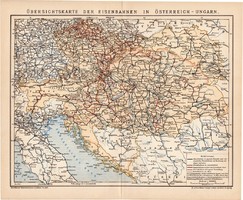 Osztrák - Magyar Monarchia vasúthálózatának áttekintő térképe 1900, német, eredeti, térkép, vasút