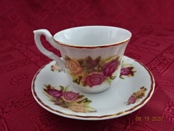 Fine porcelain rose pattern coffee cup + coaster. He has!
