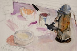Miklós Ligeti: still life with coffee machine - framed painting