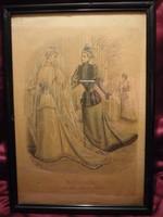 Divatdámák  II. viselettörténet litográfia 1892, olasz öltözet, ruha, divat.