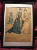 Divatdámák  III. viselettörténet litográfia 1891, olasz öltözet, ruha, divat.