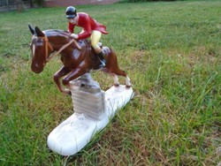 Large very antique majolica show jumping equestrian statue