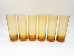 6 db borostyán sárga színű Karcagi (Berekfürdői) fátyolüveg pohár - színes retro üveg poharak