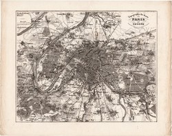 Párizs és környéke térkép 1850, eredeti, német, Meyers Atlas, 26 x 33 cm, főváros, Franciaország