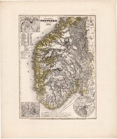 Dél - Norvégia térkép 1849, eredeti, német, Meyers Atlas, 27 x 32 cm, Európa, Carpelan, Christiania
