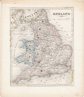 Anglia térkép 1850, eredeti, német, atlasz, 27 x 32 cm, Nagy - Britannia, Skócia, Wales, észak, brit