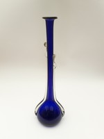 Midcentury modern design kék üvegváza - retro iparművész szálváza, lombikváza