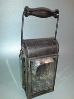 Antik gyertyás vasutas kézi lámpa fazettált üvegekkel
