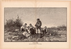 A pusztán, metszet 1880, eredeti, 31 x 44 cm, nagy, német, újság, magyar, puszta, juhász, fametszet