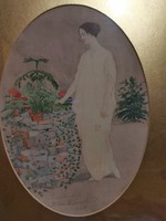 Rácz Kovách Margit - Szecessziós akvarell - Hölgy virágokkal 1914