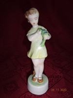 Zsolnay porcelain, antique figure, little girl with a bouquet of flowers. Its height is 14 cm. He has!