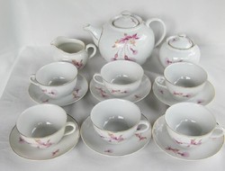 Hollóházi porcelán 6 személyes teáskészlet rózsaszín viágokkal díszített teás készlet