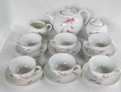 Hollóházi porcelán 6 személyes teáskészlet rózsaszín viágokkal díszített