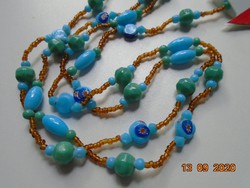 Murano millefiori, turquoise, long necklace made of green, gold-colored pearls