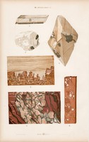 Márvány, aktinolit, kettős pát és szelenit, anhidrit, litográfia 1885, eredeti, 26 x 42 cm, ásvány