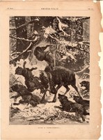 Harc a farkasokkal, fametszet 1881, metszet, nyomat, 22 x 30 cm, Ország - Világ, farkas, szarvas