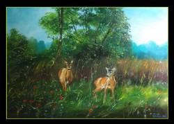 Erdőzúgás sorozatból- Őzek c.festmény,vadászfestmény