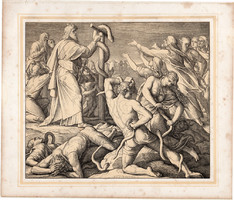 Bibliai kép (25), nyomat 1860, 22 x 25, A Szent Biblia díszes képekben, ige, IV. Mos. 21, 9. Mózes