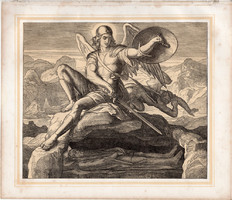 Bibliai kép (30), nyomat 1860, 22 x 25 cm, A Szent Biblia díszes képekben, ige, V. Mos. 34, 5. 6.