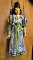 Gyönyörű Vintage művész báb marionett bábú baba csipke ruhás kontyos hölgy 
