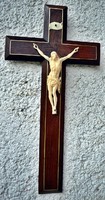 49. Antique Ivory Jesus Christ (11cm), 35.5Cm marquetry crucifix, cross, corpus