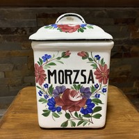 Kb. 21 cm magas Városlődi népi festett keménycserép fűszertartó “MORZSA” felirattal 
