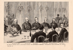 Reggeli Schönnbrunnban, metszet 1889, 14 x 22 cm, monarchia, újság, Ferenc József, császár, Vilmos