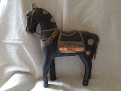 Fa, réz veretes és csontberakásos ló, paripa szobor, figura