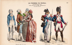 Viselettörténet (66), litográfia 1880, öltözet, ruha, divat, német, francia, katona, polgár, XVIII.