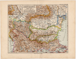 Románia és Bulgária térkép 1892, eredeti, Meyers atlasz, német ny., Szerbia, Montenegro, monarchia