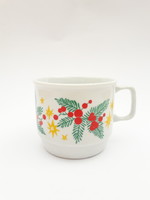 Zsolnay retro porcelán kávés csésze, teás bögre - karácsonyi mintával, fenyőág, fagyöngy, csillag