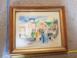 Orosz Béla: Marrakech, akvarell festmény, szép keretben