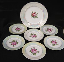 Német Ilmenau porcelán 6 személyes süteményes készlet rózsás