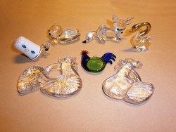 7 db kicsi üveg állat figura: róka, egérke porcelán gyűszűben, hattyú, fóka, kakasok