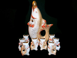 Retro Ukrán Kijev porcelán Art Deco hal figurás pálinkás készlet 1 nagy kiöntő 8 db pohár