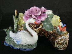 Large Signed Porcelain Candle Holder with Swan, Flowers, and Birds