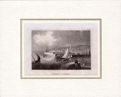 Swansea, acélmetszet 1840, eredeti, 9 x 14 cm, Anglia, Wales, paszpartuban, kikötő, hajó, metszet