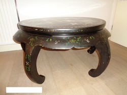 Antik kínai ázsiai bútor kör alakú, 5 lábú, festett, gyöngyház berakások lakk asztal