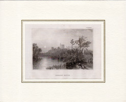 Windsor kastély, acélmetszet 1840, eredeti, 9 x 14, Anglia, Temze, Berkshire, paszpartuban, metszet