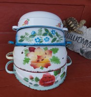 4-piece enamel pack, Bonyhád, Budafok bowls, floral, rosy, poppy, nostalgia pieces