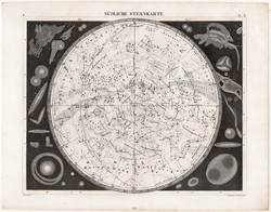 Déli csillagos ég, térkép 1849, metszet, eredeti, acélmetszet, csillagkép, csillag, csillagászat