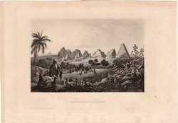Meroé, piramisok, acélmetszet 1850, eredeti, metszet, 9 x 15 cm, Szudán, Afrika, Núbia, Nílus, rom