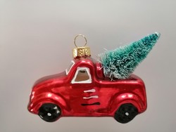 Üveg karácsonyfadísz, fenyőszállító piros autó 