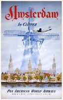 Retro utazási reklám Amszterdam Hollandia szélmalom csatorna város házak utca Vintage plakát reprint